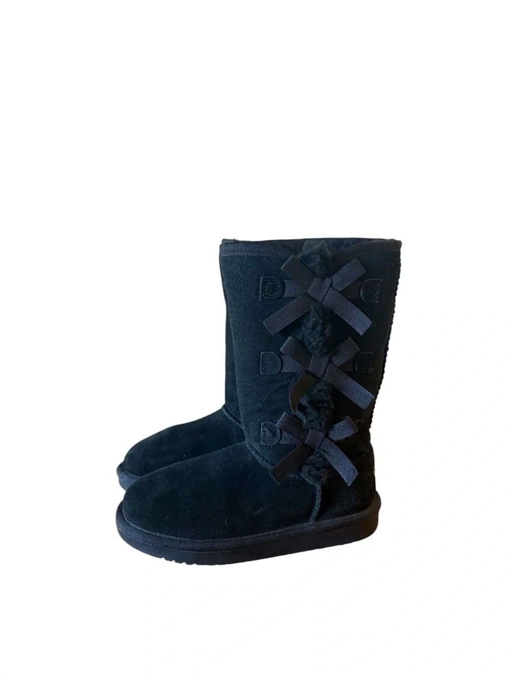 Kollabura UGG Victoria Black Suede Mid-Calf Kids Winter Boots with Side Bow.